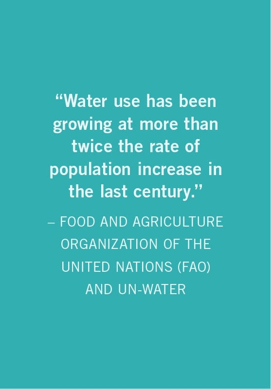 Water use has been growing at more than twice the rate of population increase in the last century.  FOOD AND AGRICULTURE ORGANIZATION OF THE UNITED NATIONS (FAO) AND UN-WATER